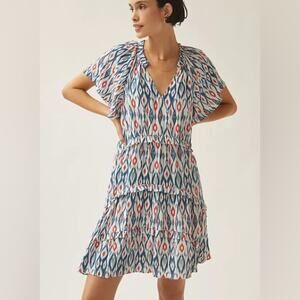 Anthropologie Robin Tiered Mini Dress Blue Motif Ikat Ruffled Print Size Large
